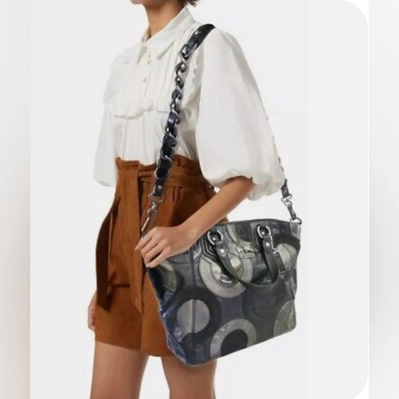 Coach Madison Claire Art Sig Inlaid Leather Black Metallic Shoulder Purs… - Picture 1 of 8
